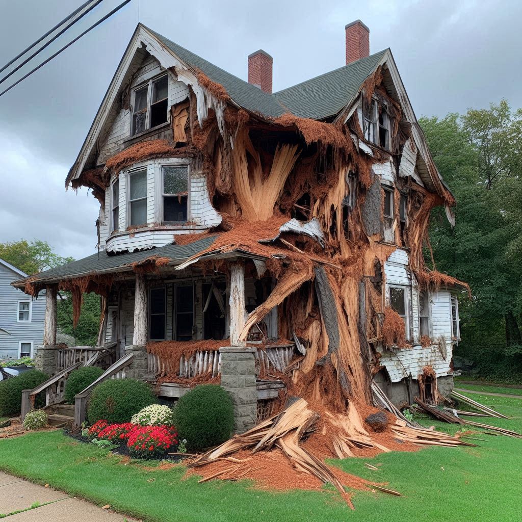 Damaged tree on an Hawkins home showing signs of disease and decay